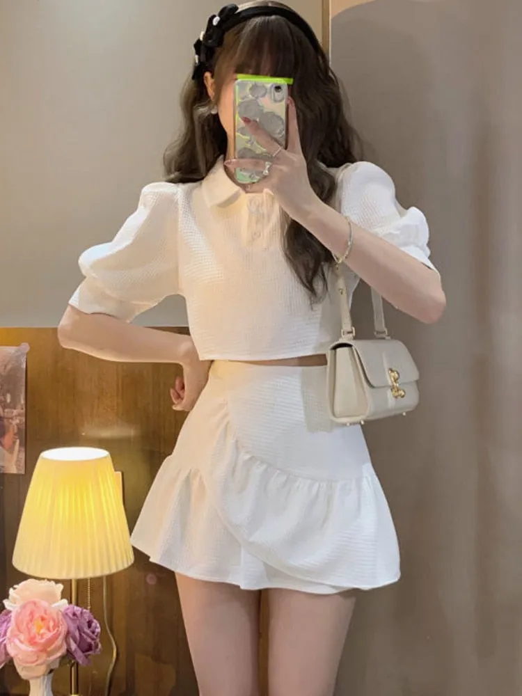 2pcs/set Summer Ruffle Flounce Sweet Women Korean Cute Mini Skirt Set Puff Sleeve Slim Fit Party Suits