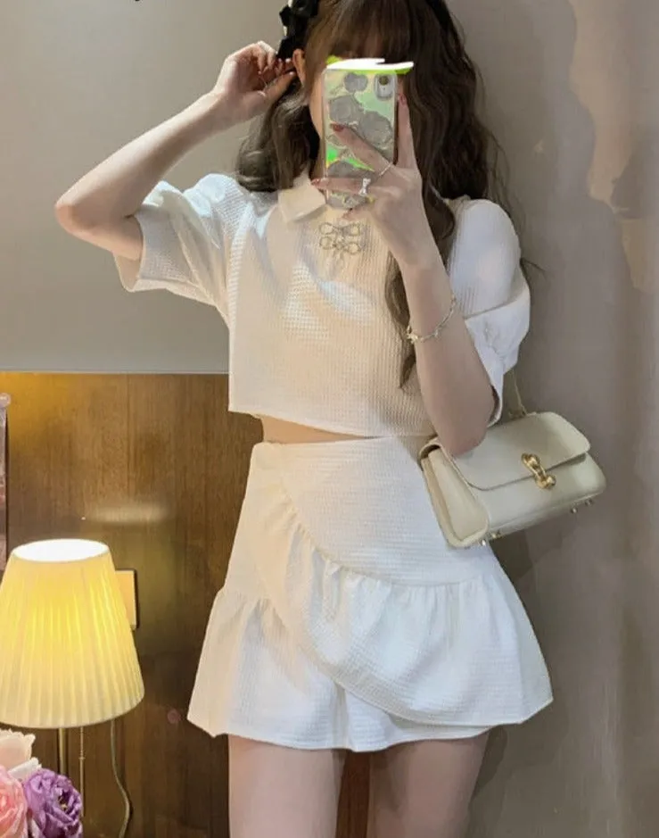 2pcs/set Summer Ruffle Flounce Sweet Women Korean Cute Mini Skirt Set Puff Sleeve Slim Fit Party Suits