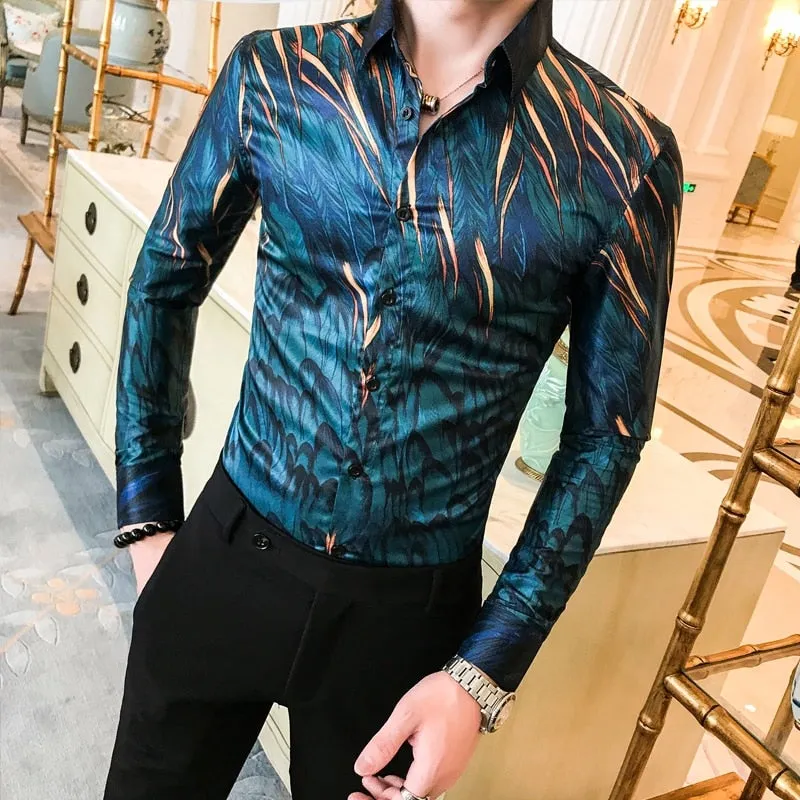 All Season Men's Casual Long Sleeve Streetwear Floral Slim Fit Daily Shirts