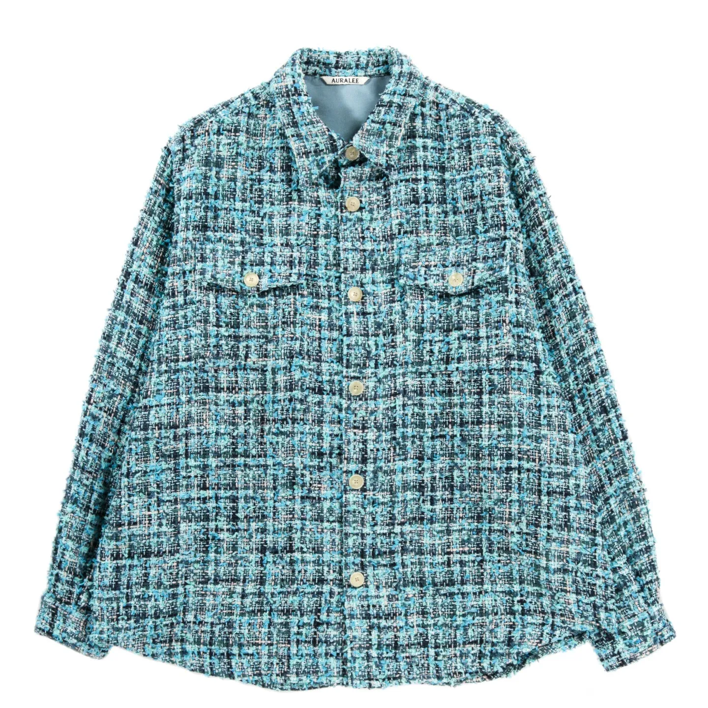 AURALEE HOMESPUN SUMMER TWEED SHIRT BLOUSON LT BLUE / NAVY