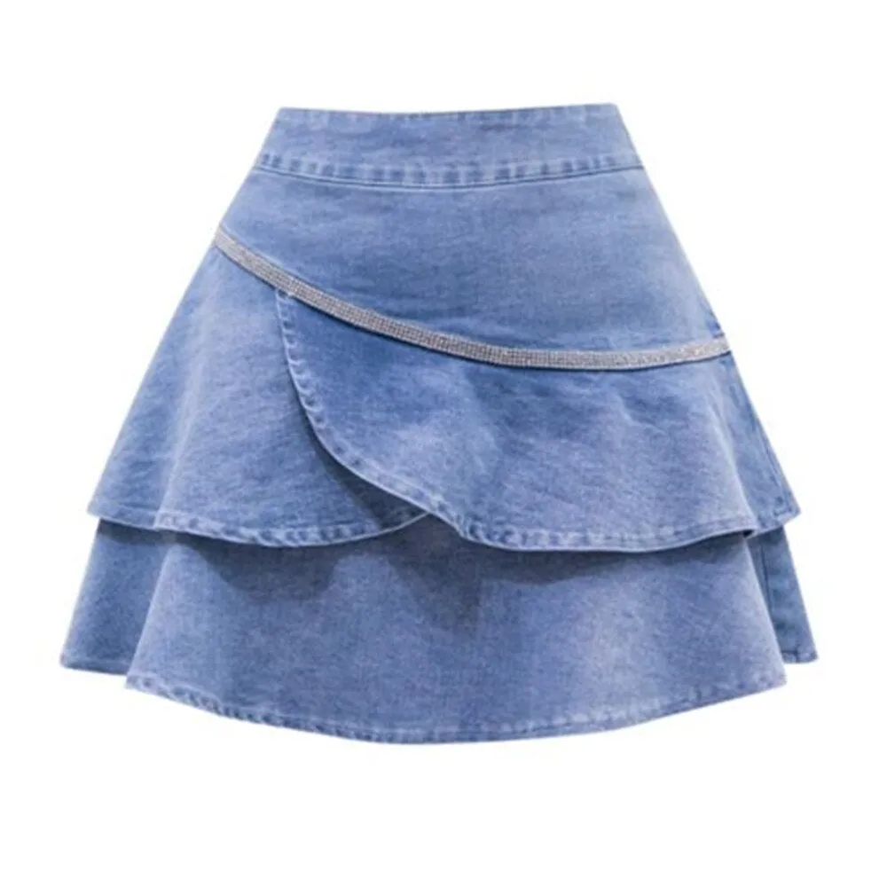 Blue Denim Ruffle Mini Solid Casual Fashion Korean Style High Waisted Shorts Jeans Skirt