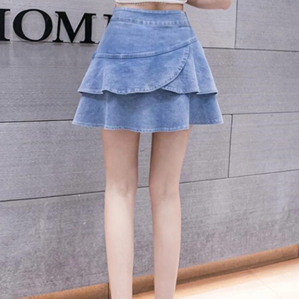 Blue Denim Ruffle Mini Solid Casual Fashion Korean Style High Waisted Shorts Jeans Skirt