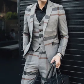 Blue Grey Classic Plaid Striped Slim Fit Wedding Three Piece Suit for Men