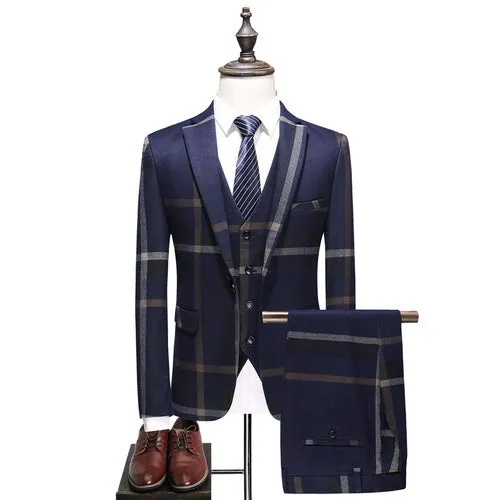 Blue Grey Classic Plaid Striped Slim Fit Wedding Three Piece Suit for Men