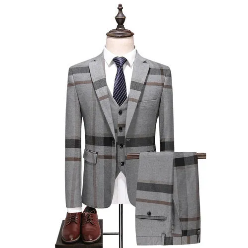 Blue Grey Classic Plaid Striped Slim Fit Wedding Three Piece Suit for Men