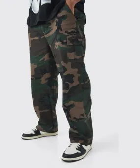 boohooMAN Mens Plus Fixed Waist Camo Twill Cargo Pants