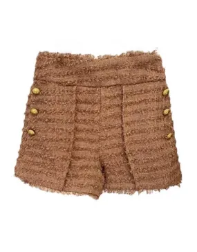 Brown Gold Button Tweed Shorts With Raw Edges