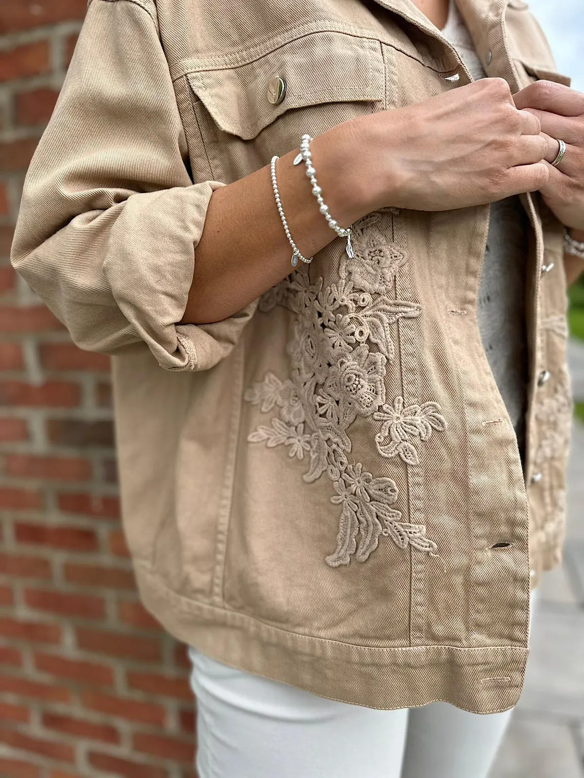 Camel Floral Embroidered Denim Jacket Harriet