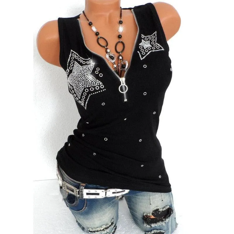 Casual Tank Zipper V-neck Top