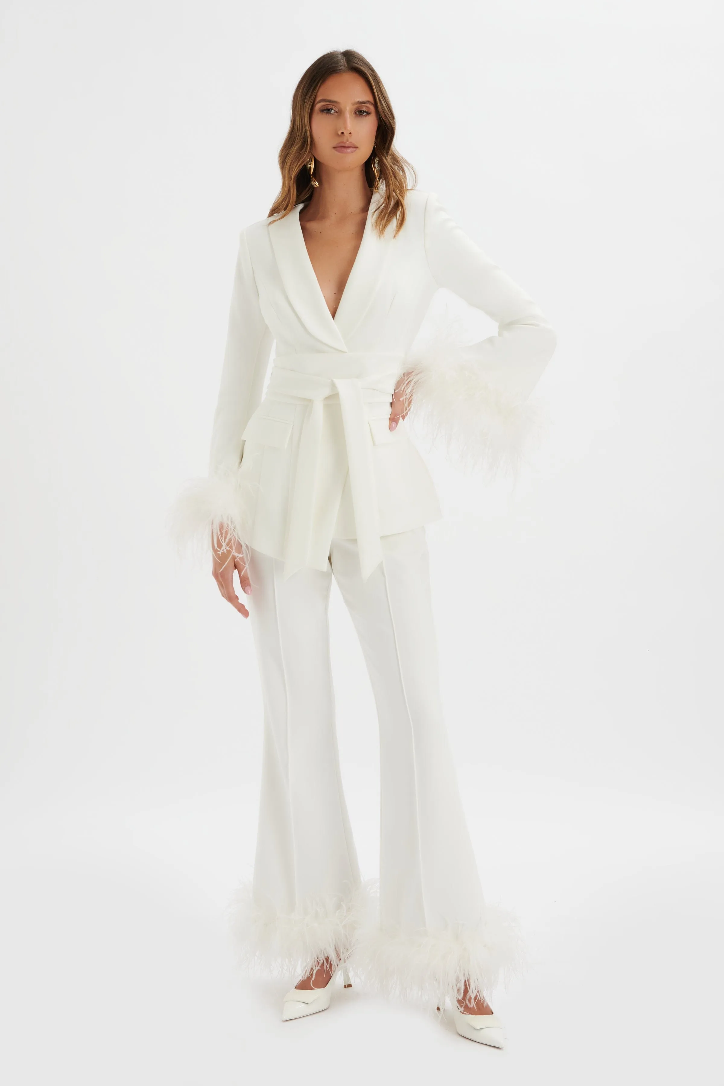 CELIA Feather Cuff Blazer Jacket In White