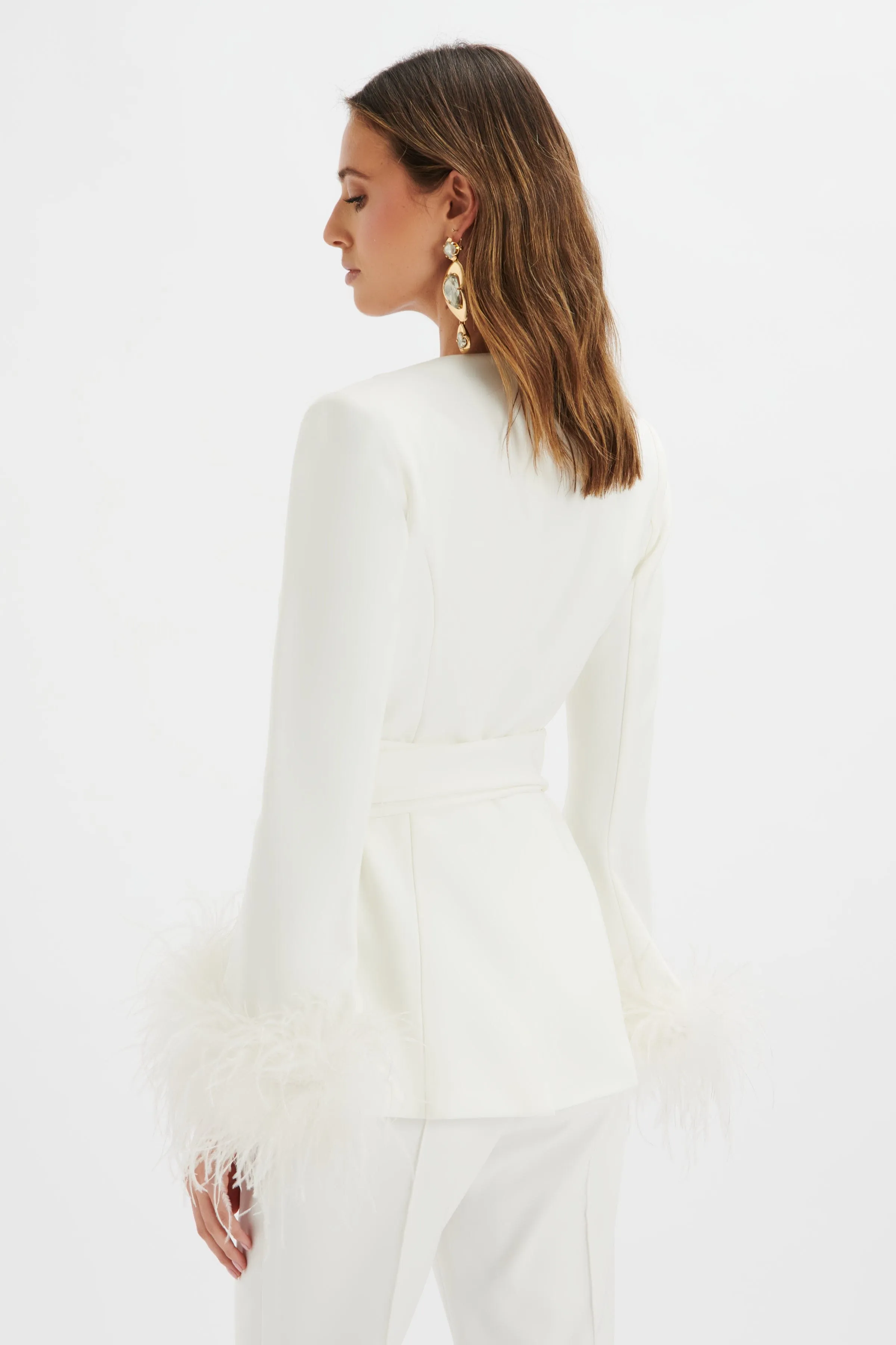 CELIA Feather Cuff Blazer Jacket In White