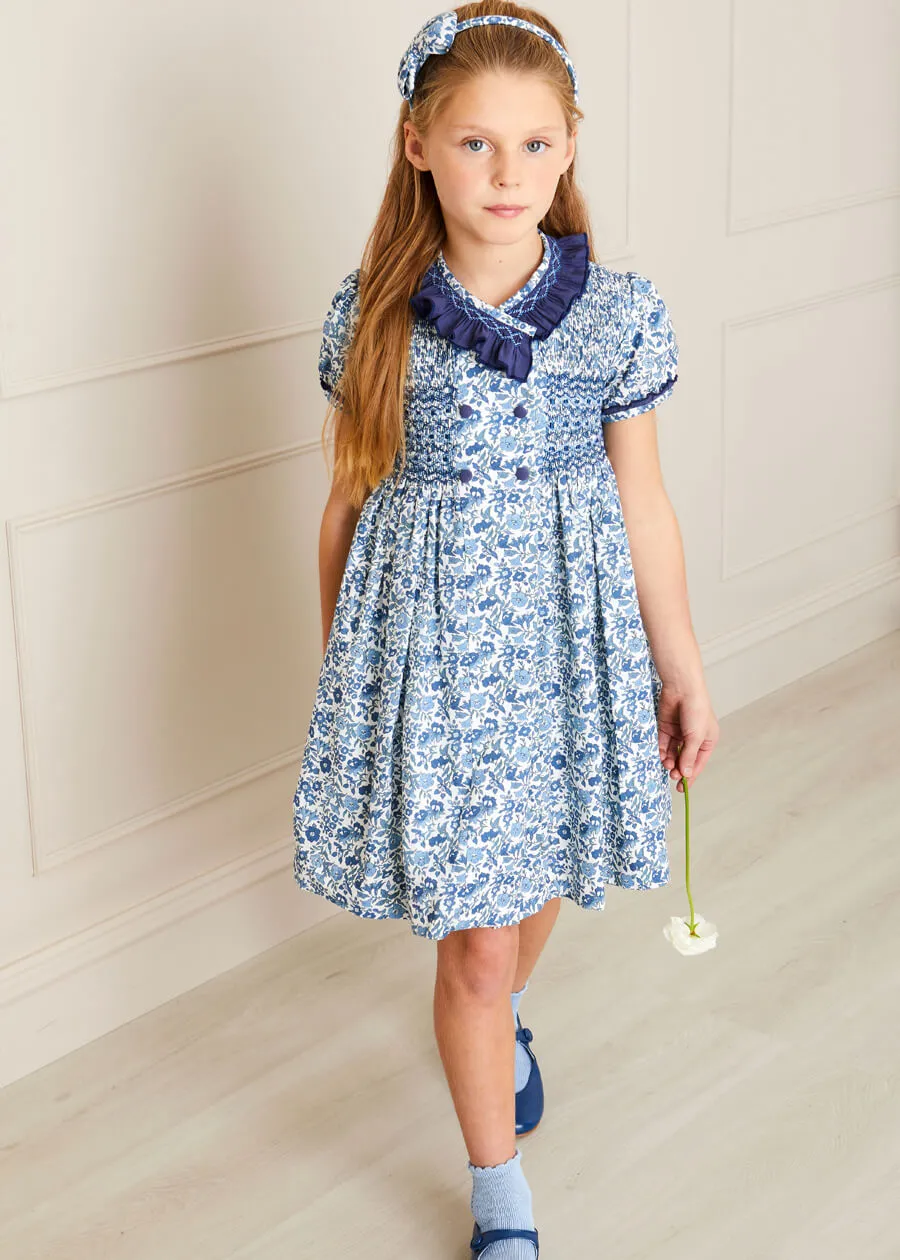 Daphne Floral Print Handsmocked Double Breasted Dress in Blue (12mths-10yrs)