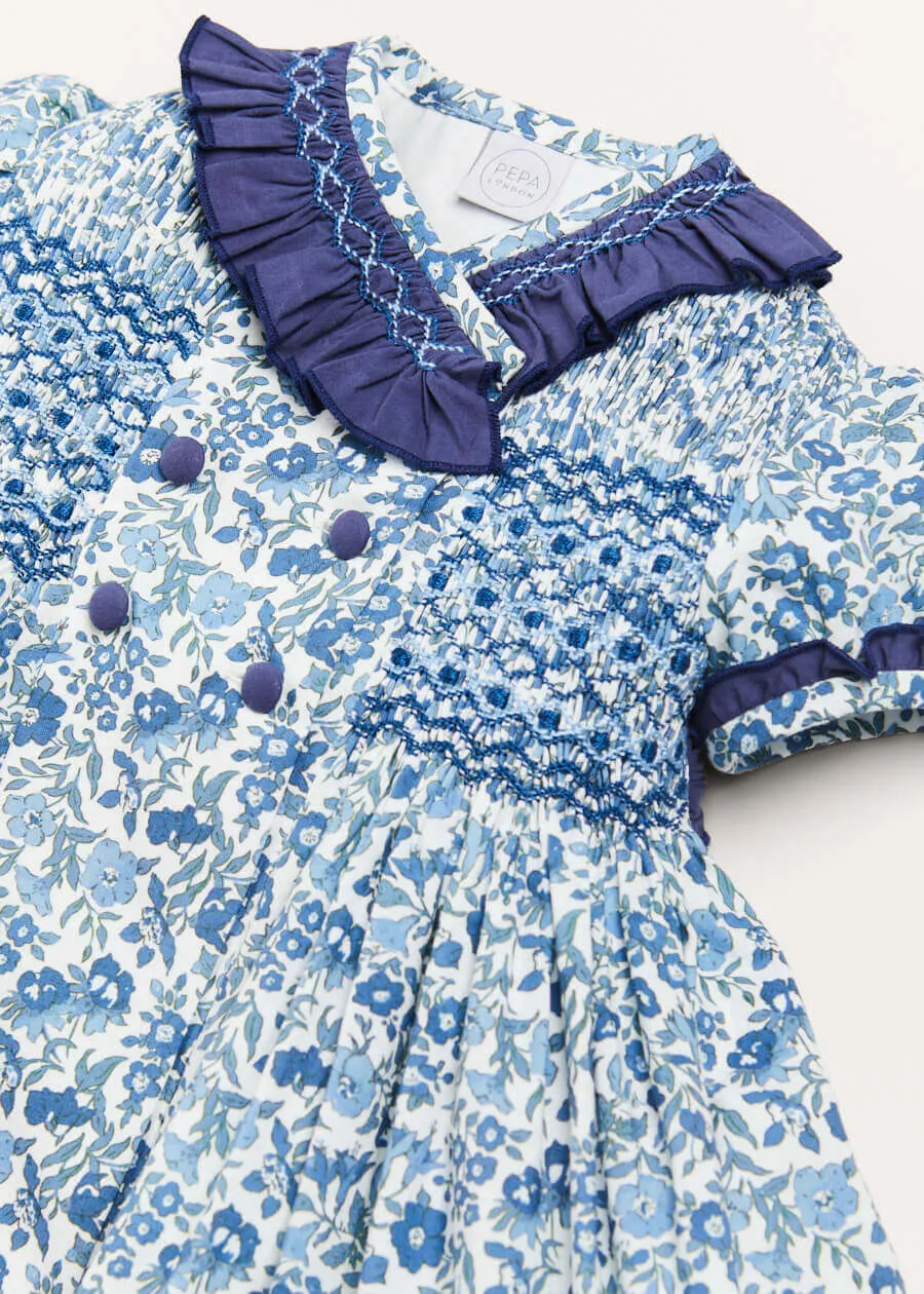 Daphne Floral Print Handsmocked Double Breasted Dress in Blue (12mths-10yrs)