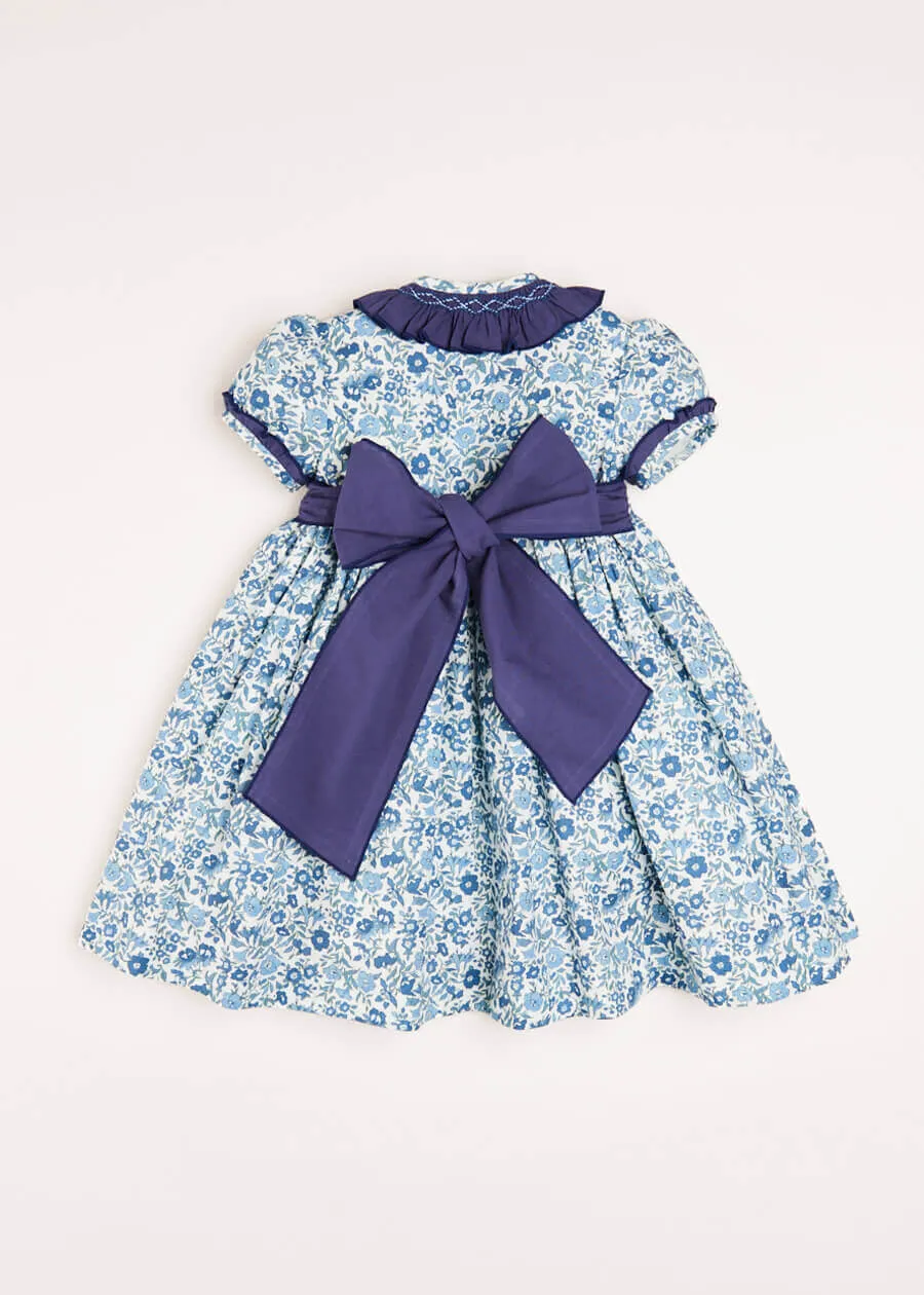 Daphne Floral Print Handsmocked Double Breasted Dress in Blue (12mths-10yrs)