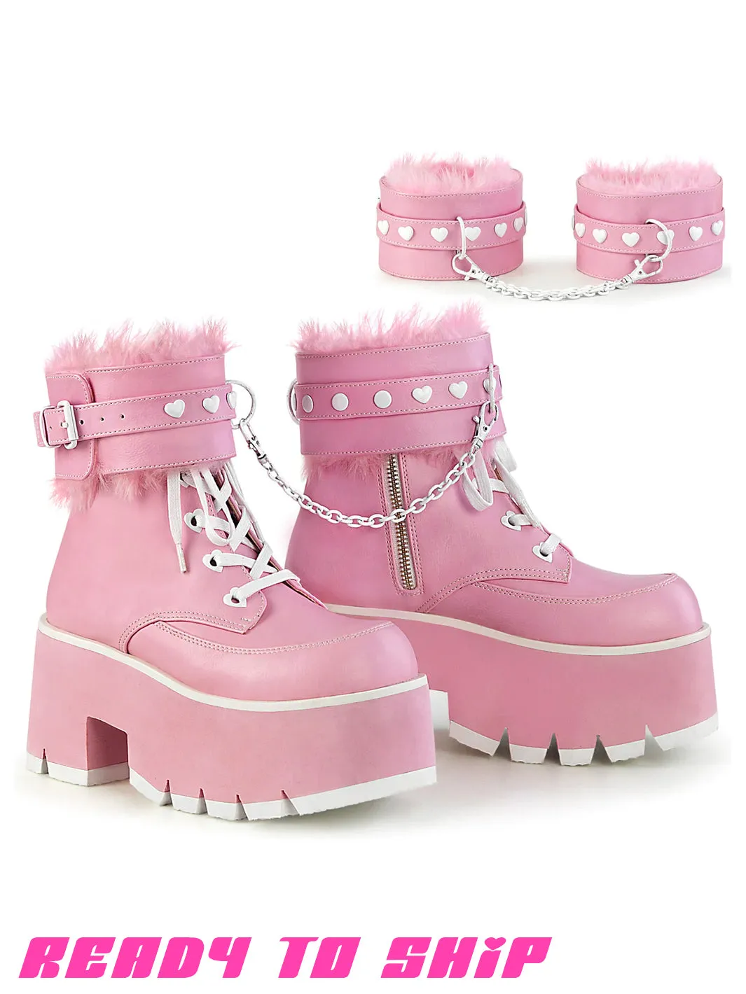 DEMONIA ASHES 57 PLATFORM BOOTS - PINK VEGAN LEATHER