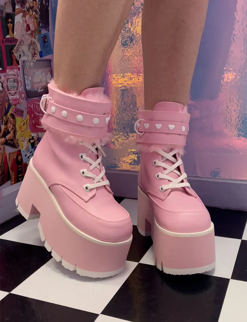 DEMONIA ASHES 57 PLATFORM BOOTS - PINK VEGAN LEATHER