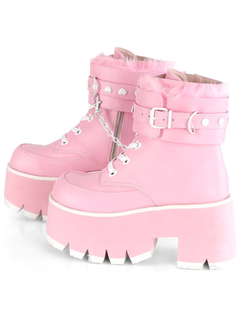 DEMONIA ASHES 57 PLATFORM BOOTS - PINK VEGAN LEATHER