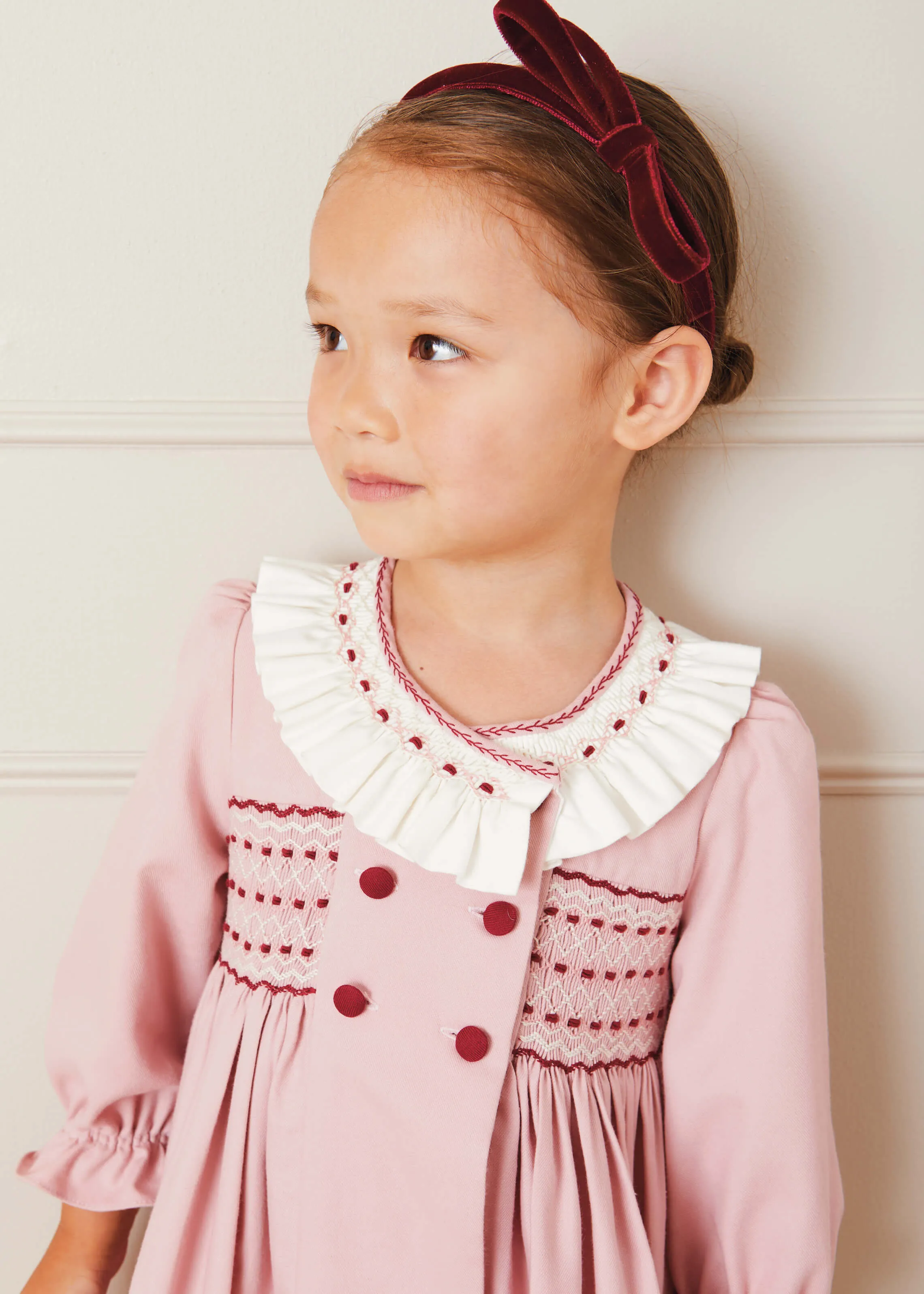 Double Breasted Handsmocked Collar Dress In Rose Pink (12mths-10yrs)