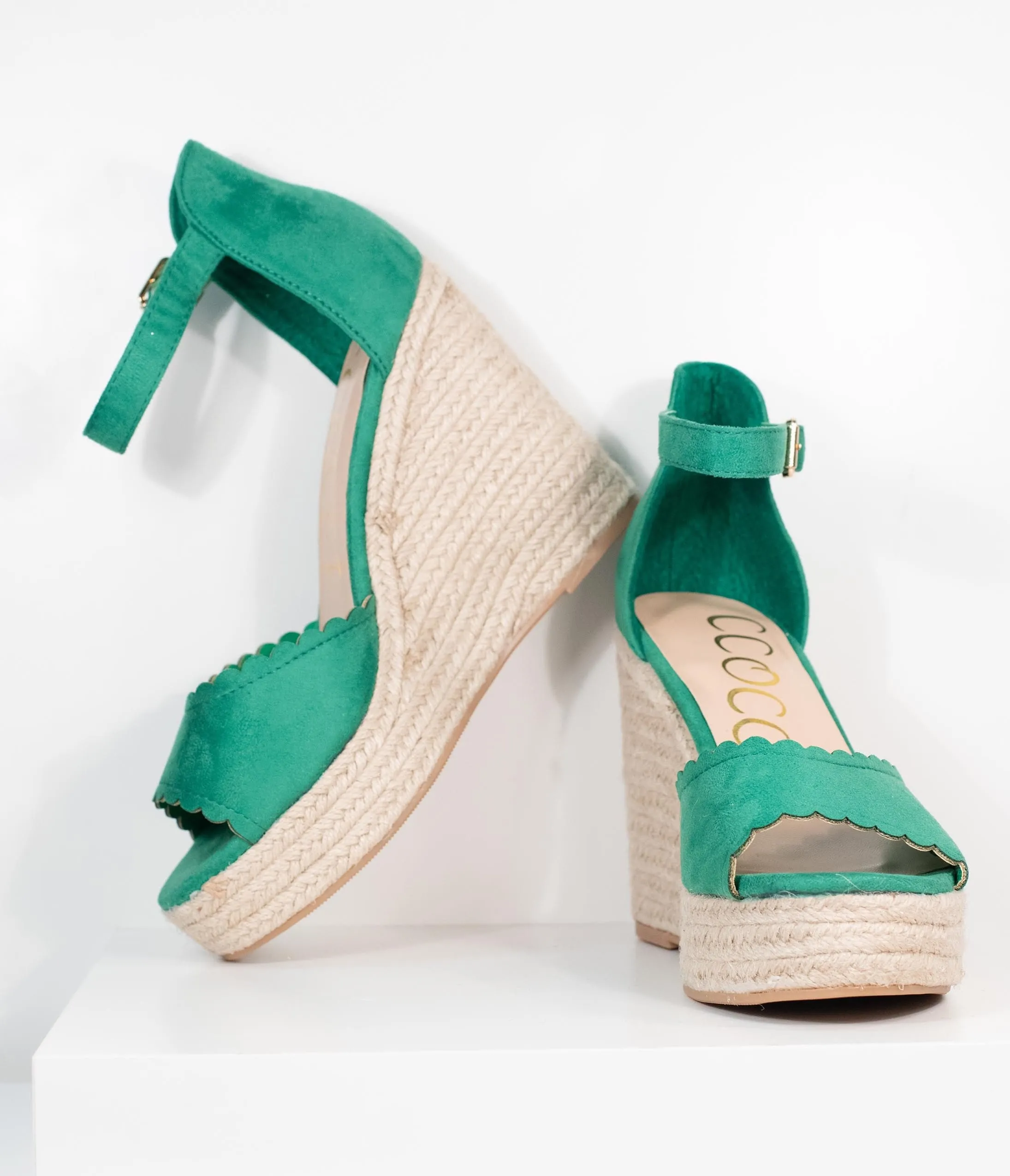 Emerald Suede Peep Toe Espadrille Wedges