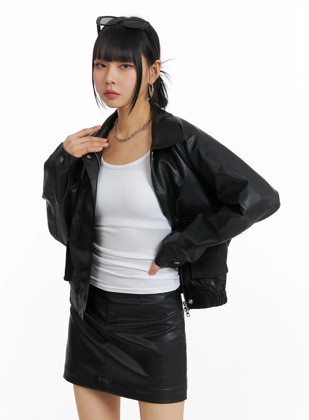 Faux Leather Collar Pocket Bomber Jacket IM414