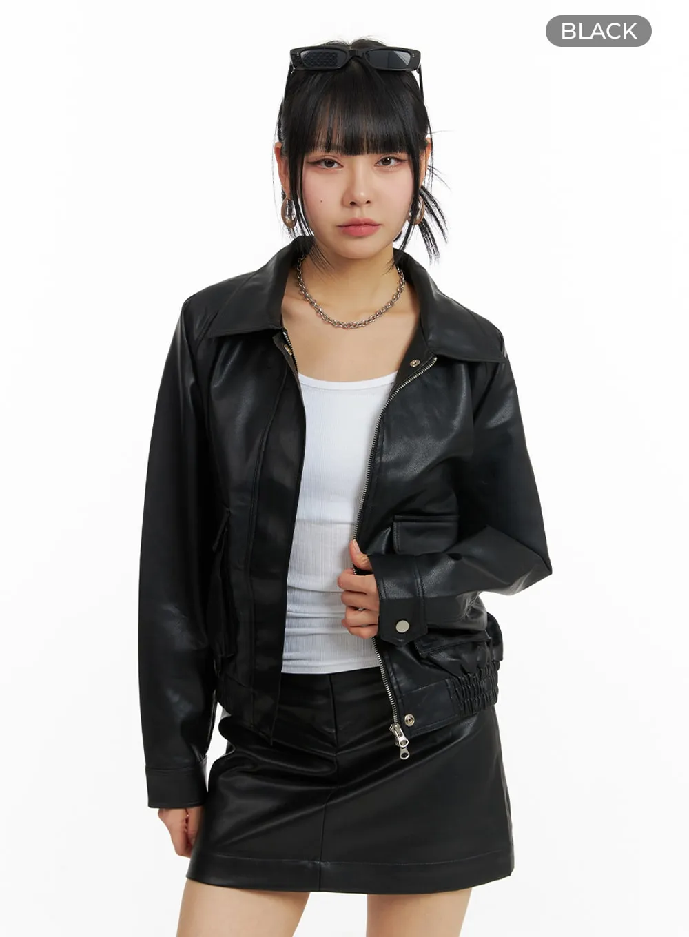 Faux Leather Collar Pocket Bomber Jacket IM414