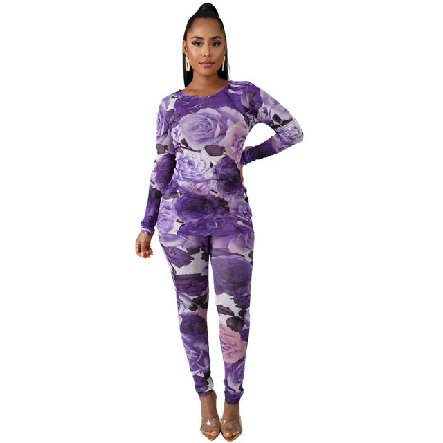 Floral Print Mesh Two Piece Set Track Suits for Women Elastic Pants