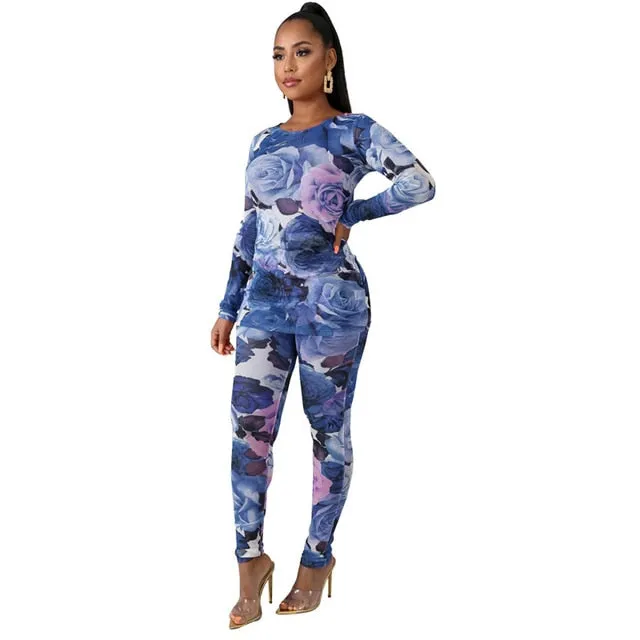 Floral Print Mesh Two Piece Set Track Suits for Women Elastic Pants