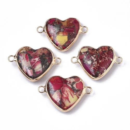 Gemstone Connectors, Heart, Assembled, Synthetic Imperial Jasper, With Gold Plated Brass Loops, 21mm