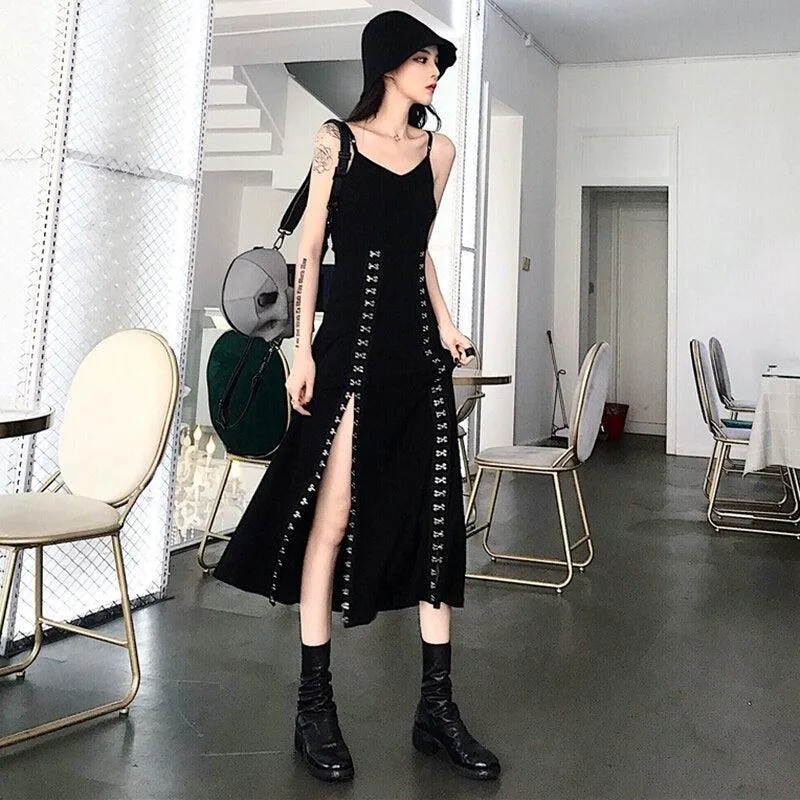 Get Your Gothic Style on Point with Black Vent Asymmetrical Long Spaghetti Strap Sleeveless Loose Fit Gothic Dress