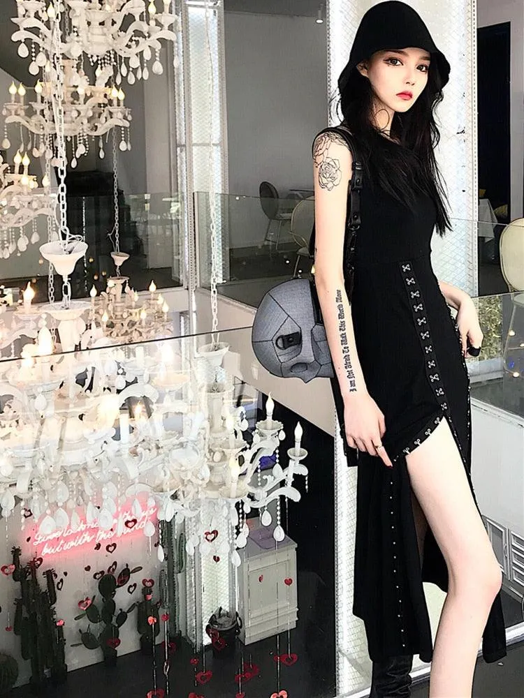 Get Your Gothic Style on Point with Black Vent Asymmetrical Long Spaghetti Strap Sleeveless Loose Fit Gothic Dress