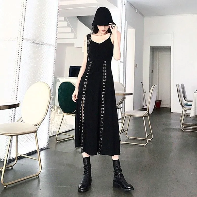 Get Your Gothic Style on Point with Black Vent Asymmetrical Long Spaghetti Strap Sleeveless Loose Fit Gothic Dress