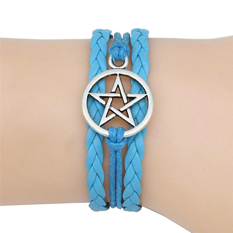 Gothic Fashion Antique Pentagram Charms Wiccan Pentacle Leather Bracelets Vintage Jewelry Gift for Women Men