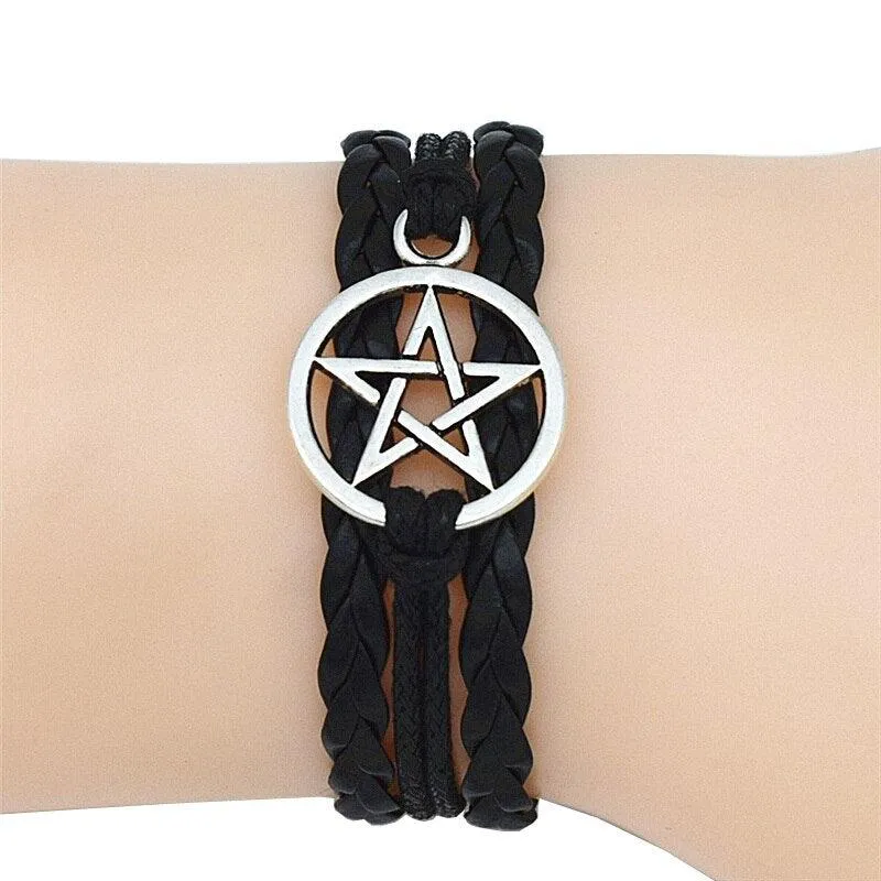 Gothic Fashion Antique Pentagram Charms Wiccan Pentacle Leather Bracelets Vintage Jewelry Gift for Women Men