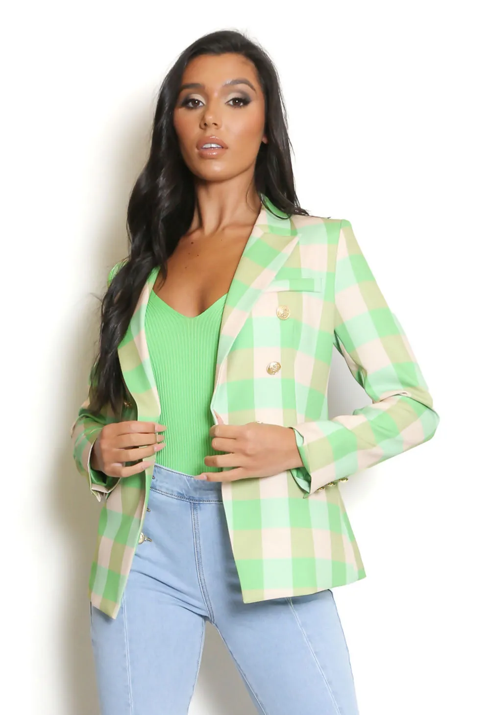 Green Tartan Check Double Breasted Blazer