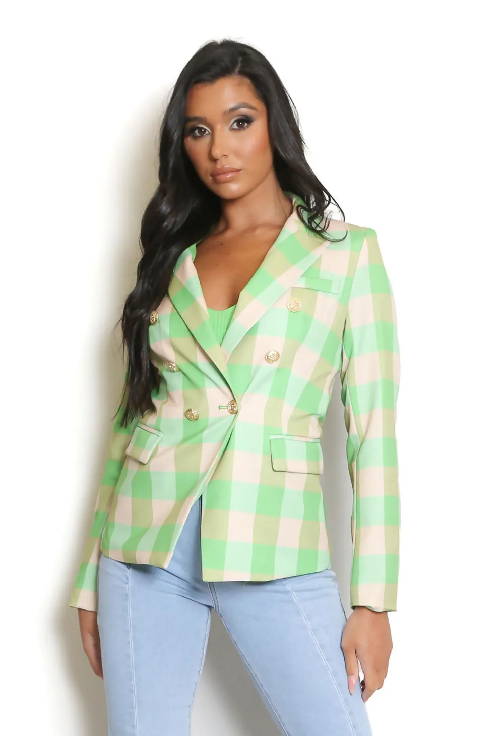 Green Tartan Check Double Breasted Blazer