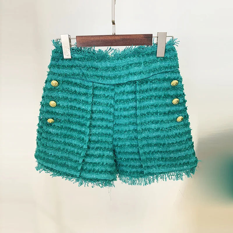 Green Tassel Tweed Notched Collar Blazer and Shorts for Women