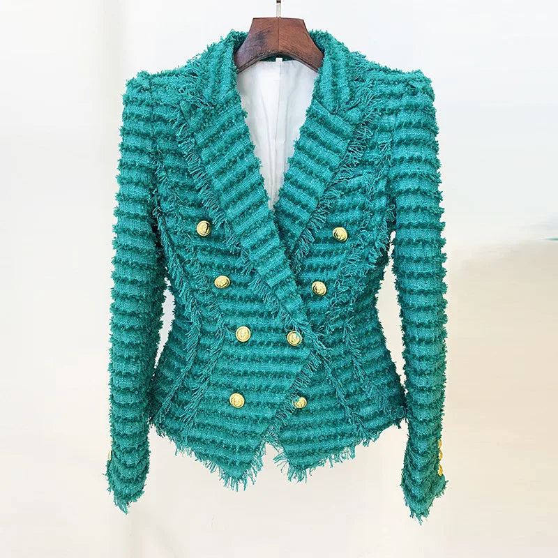 Green Tassel Tweed Notched Collar Blazer and Shorts for Women