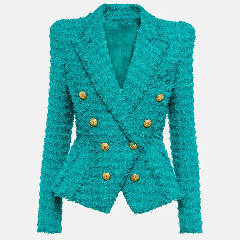 Green Tassel Tweed Notched Collar Blazer and Shorts for Women