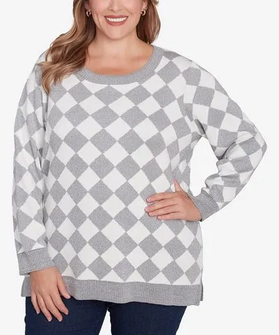 Hearts Of Palm Plus Size Blue My Mind Diamond Print Sweater