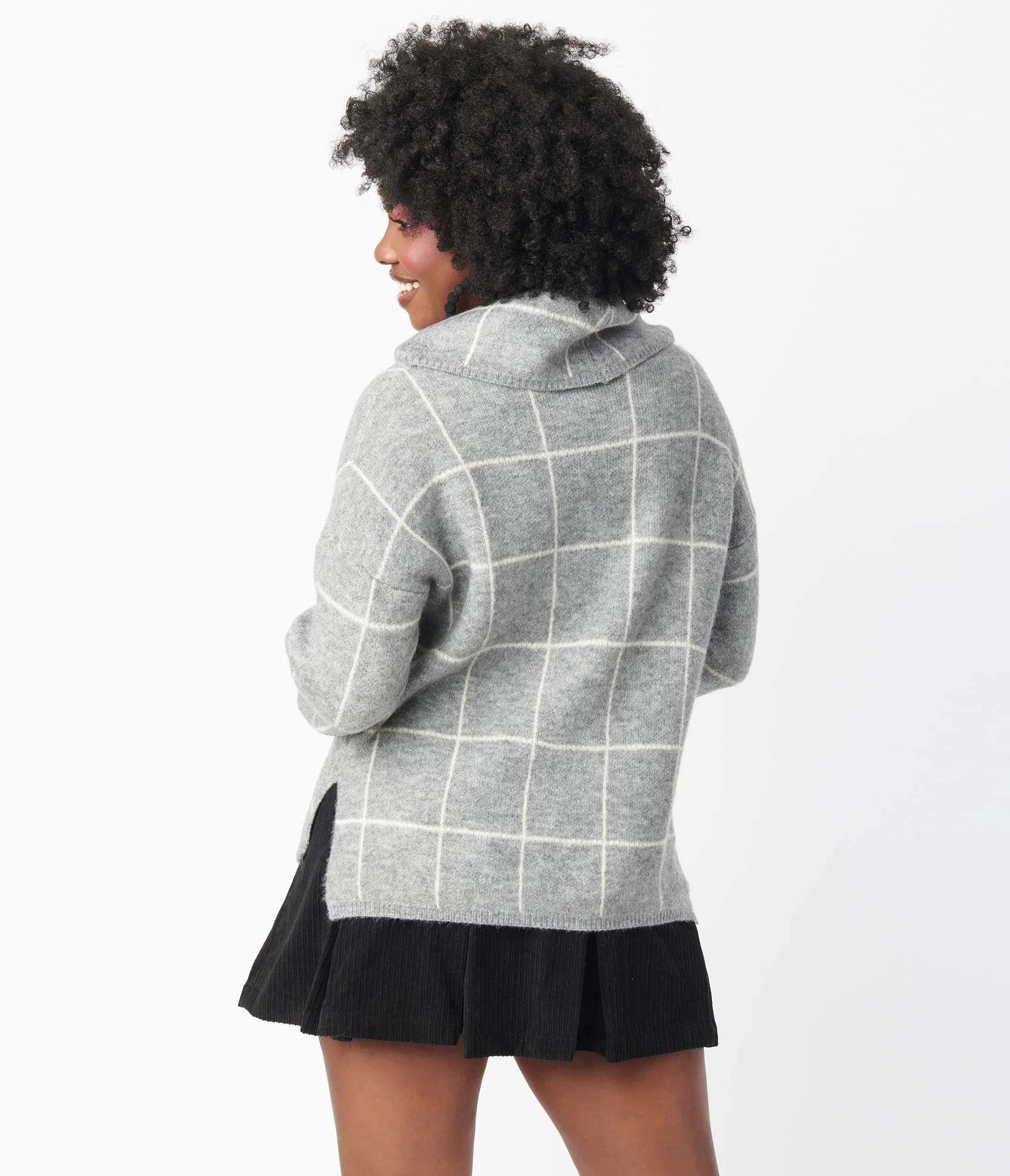 Heather Grey Windowpane Cowl Neck Sweater