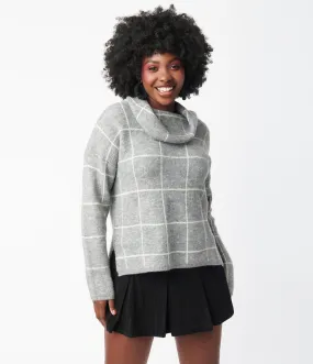 Heather Grey Windowpane Cowl Neck Sweater