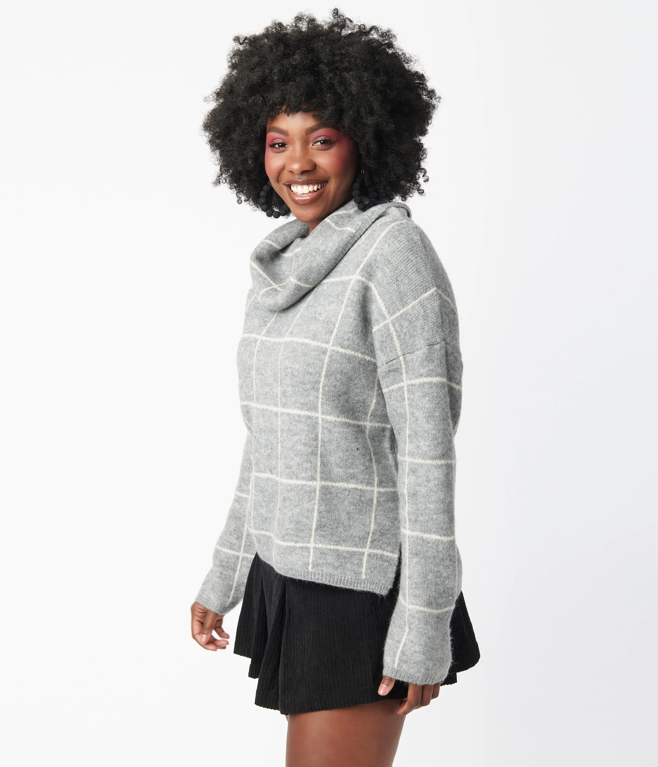 Heather Grey Windowpane Cowl Neck Sweater