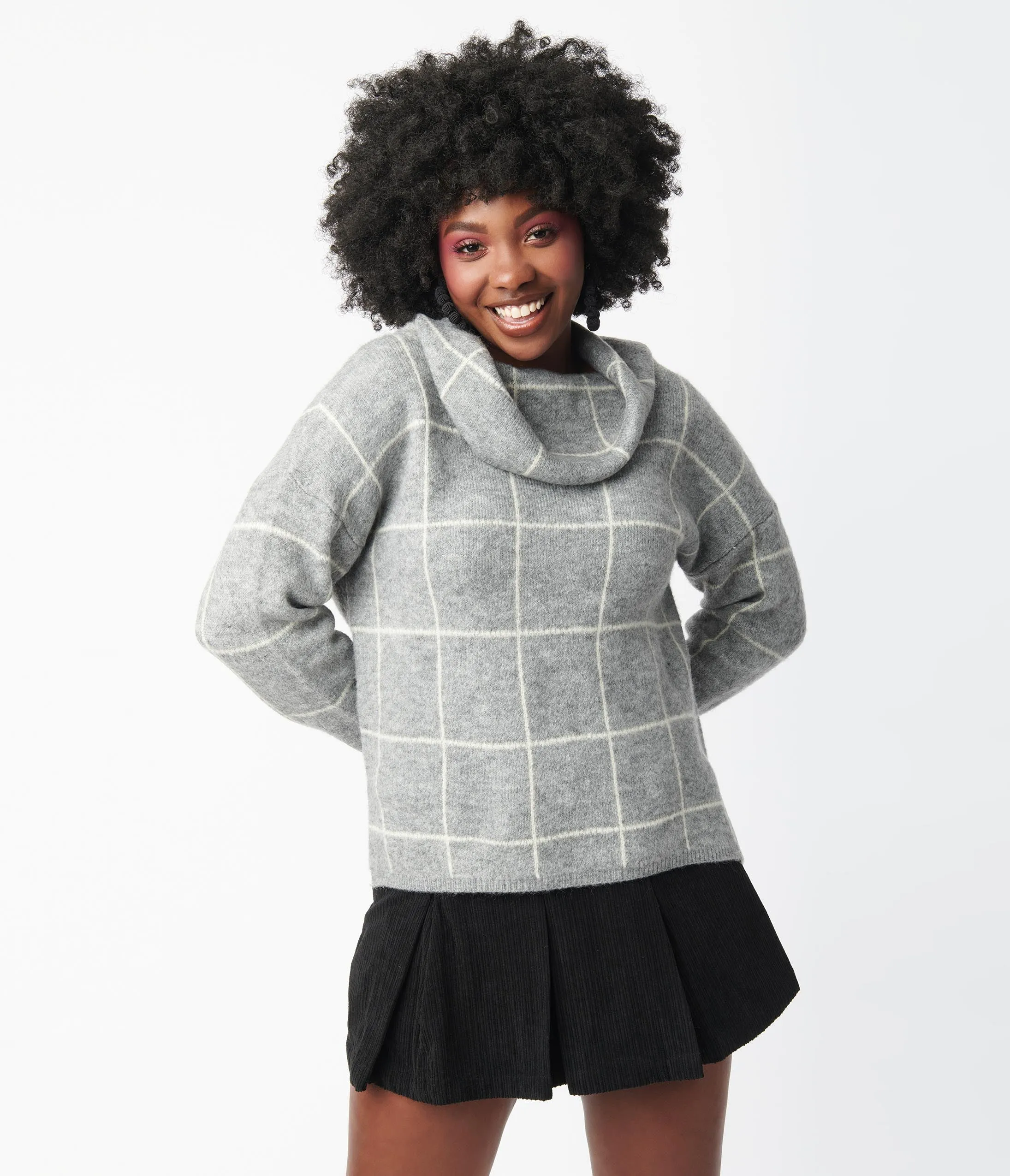 Heather Grey Windowpane Cowl Neck Sweater