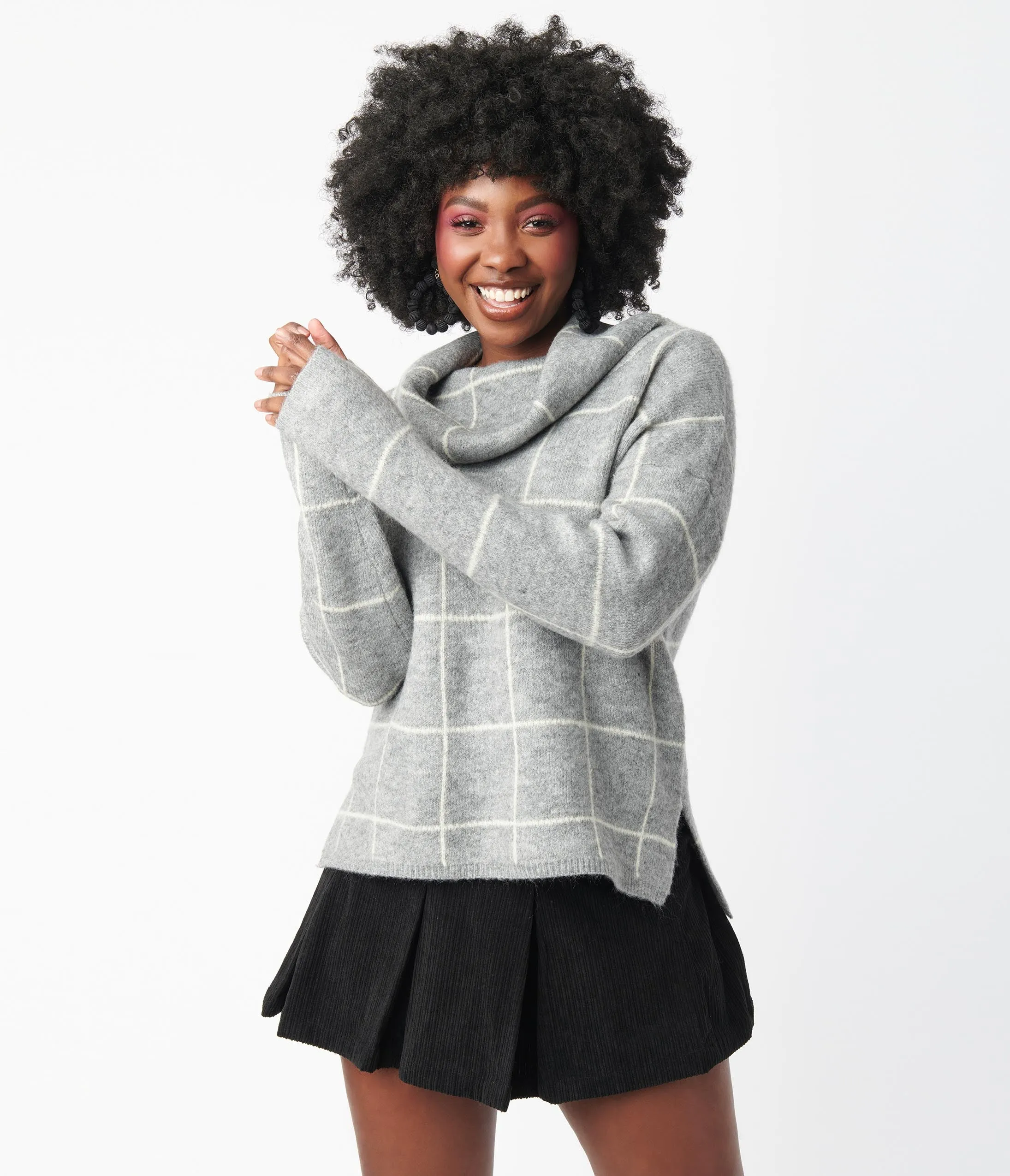 Heather Grey Windowpane Cowl Neck Sweater