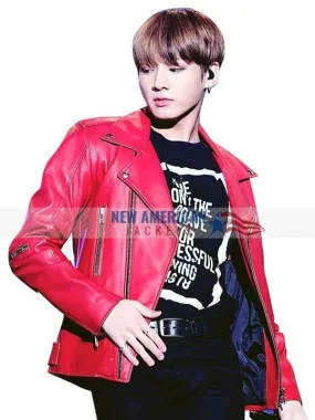 Jungkook Red Leather Jacket - New American Jackets