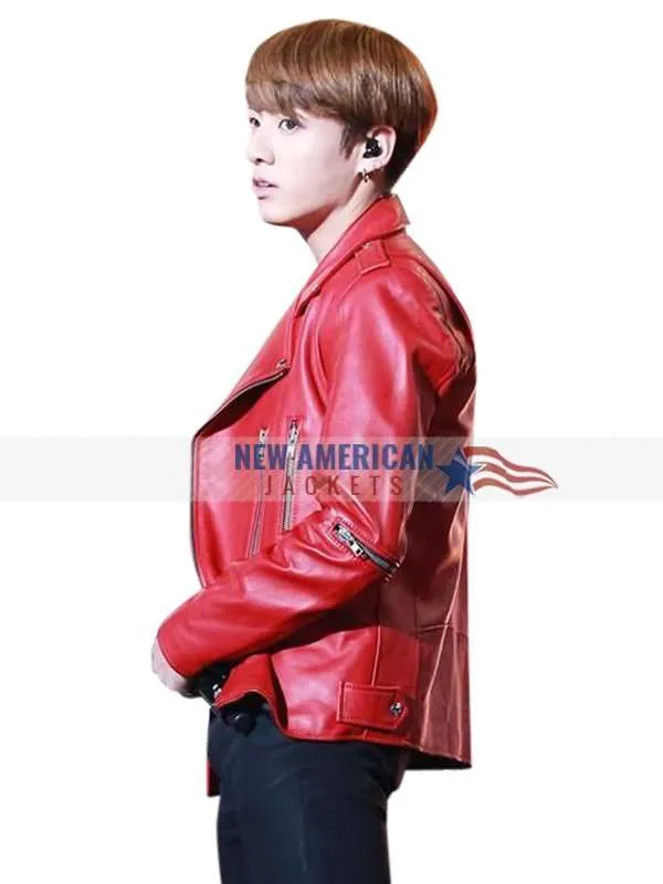 Jungkook Red Leather Jacket - New American Jackets