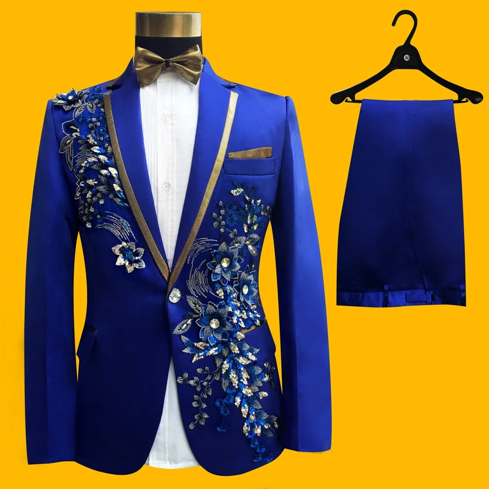 Men's Blue Polyester Beaded Slim Fit Tuxedo Jacket Pants Two-Piece Suit