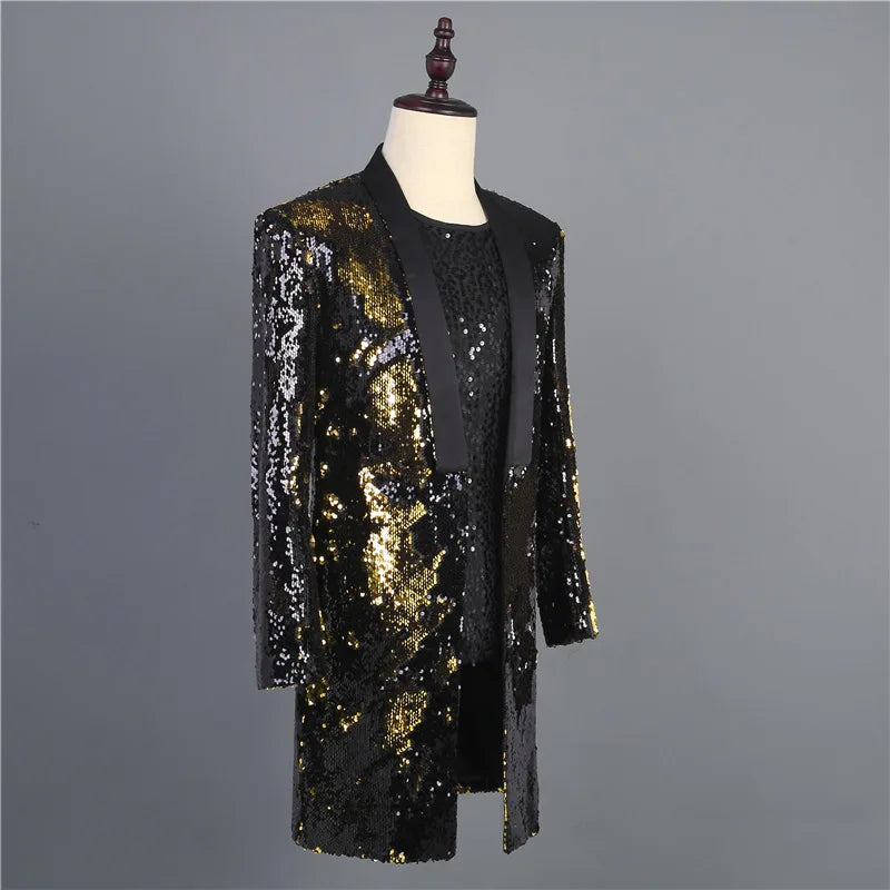 Men's Casual Polyester Slim Fit Sequined Long Party Blazer for Men