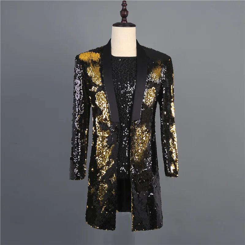 Men's Casual Polyester Slim Fit Sequined Long Party Blazer for Men