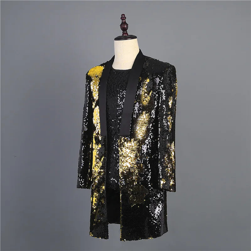 Men's Casual Polyester Slim Fit Sequined Long Party Blazer for Men